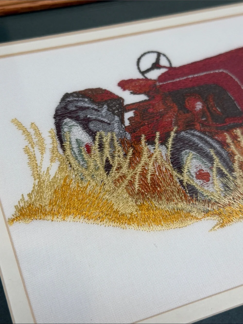 Vtg Needlepoint Embroidered Red Tractor Crewel Barn wood Frame Wall Hanging